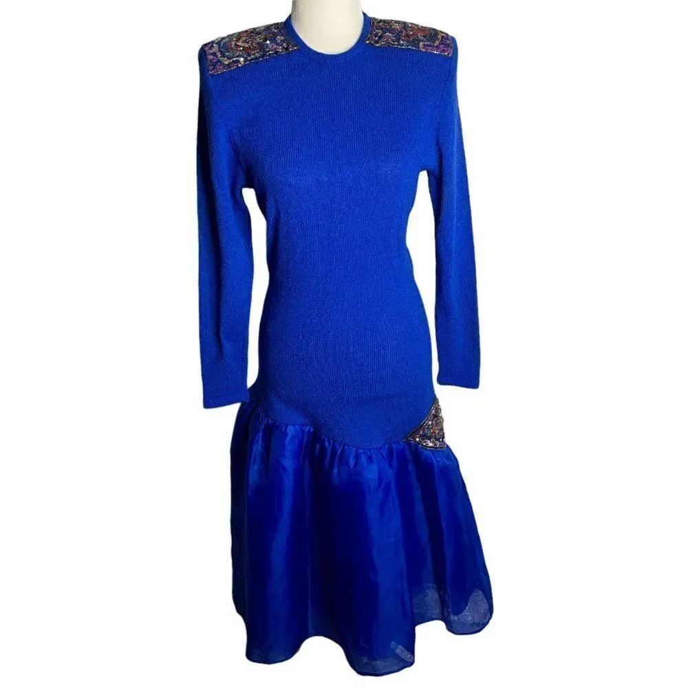 Vintage Donna Michele Dropped Waist Dress S Blue Knit Sequin Tulle Petti Skirt